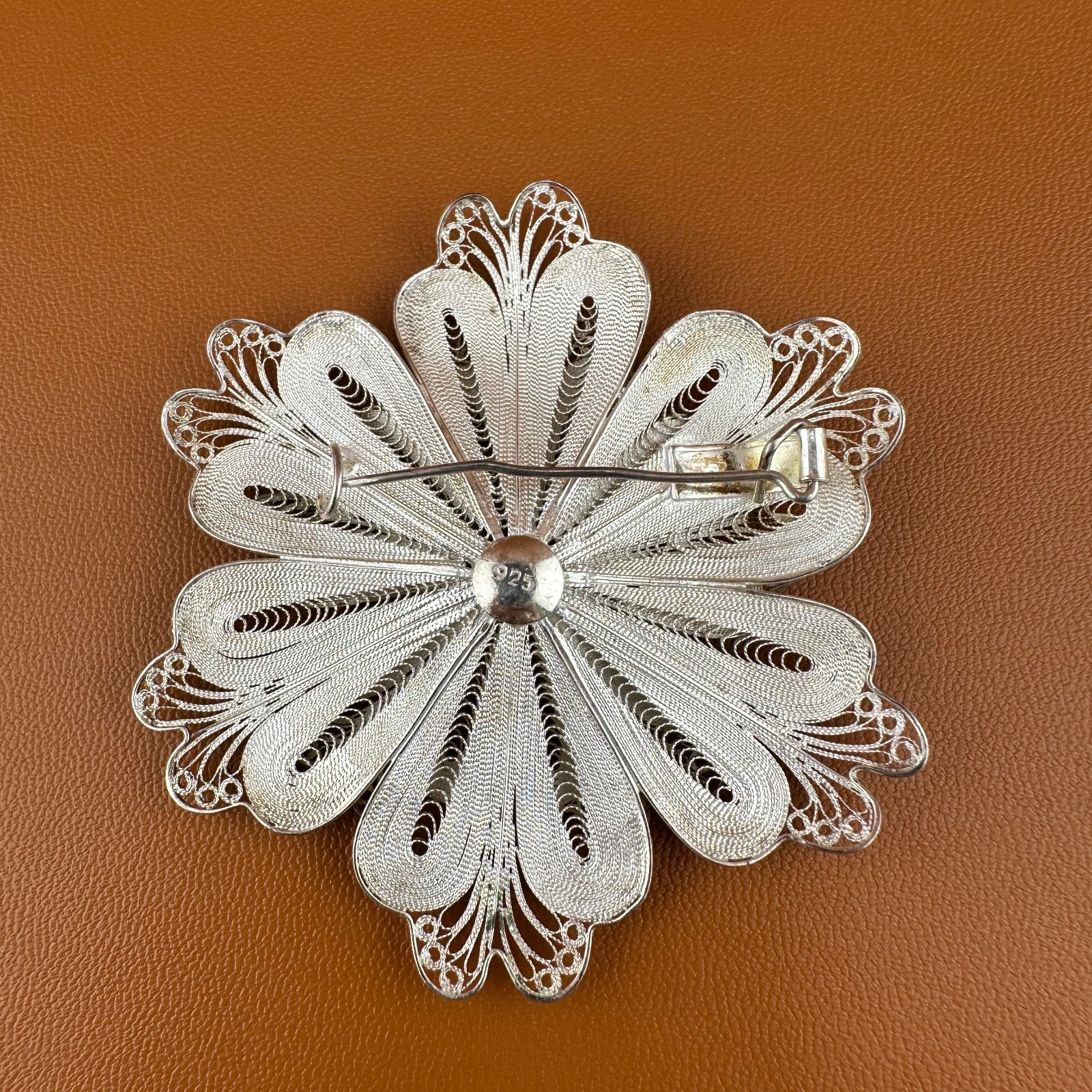 Vintage Sterling Silver Flower Brooch Pin Cannetille Filigree Floral 925 Signed