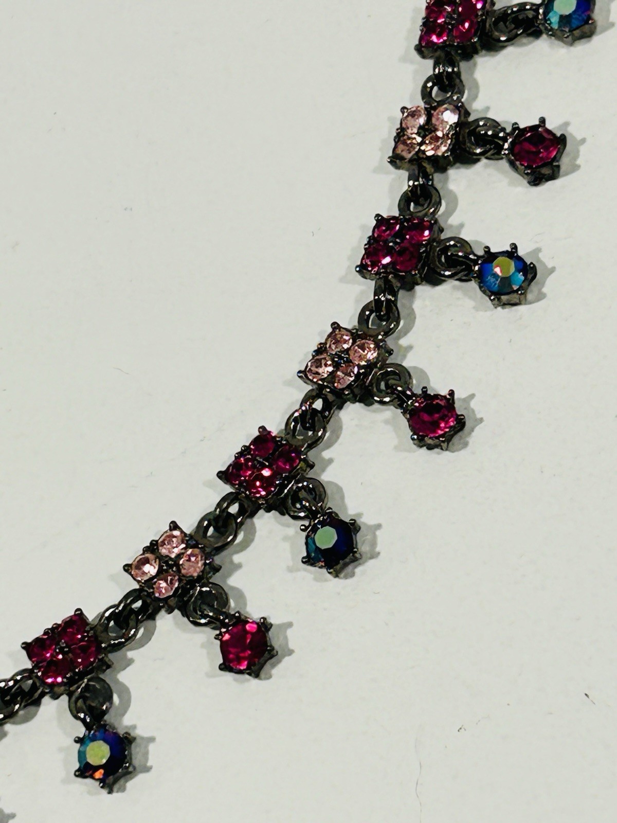 Gunmetal Rhinestone Statement Necklace Pink Fuchsia Fringe Vintage Style