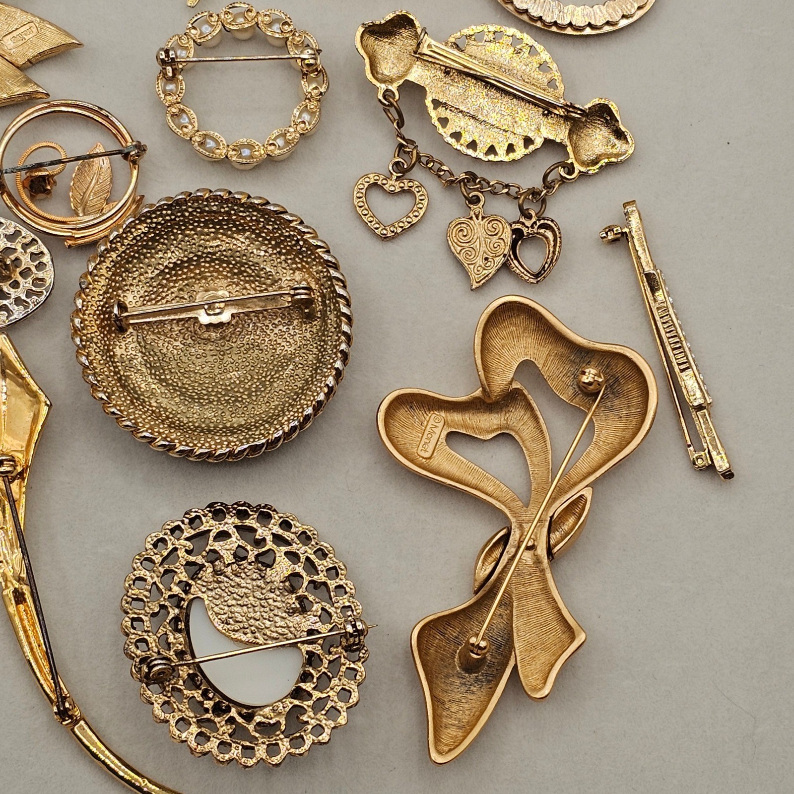Gold Tone Brooch Lot 13pc Gold Tone Faux Pearl Enamel Rhinestone Avon Monet Pins