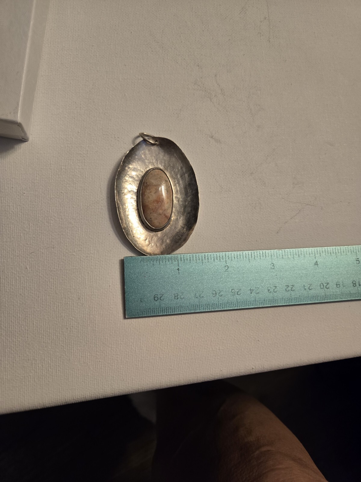 Vintage Oversized Oval Agate Hammer finish White Metal Artisan Crafted Pendant