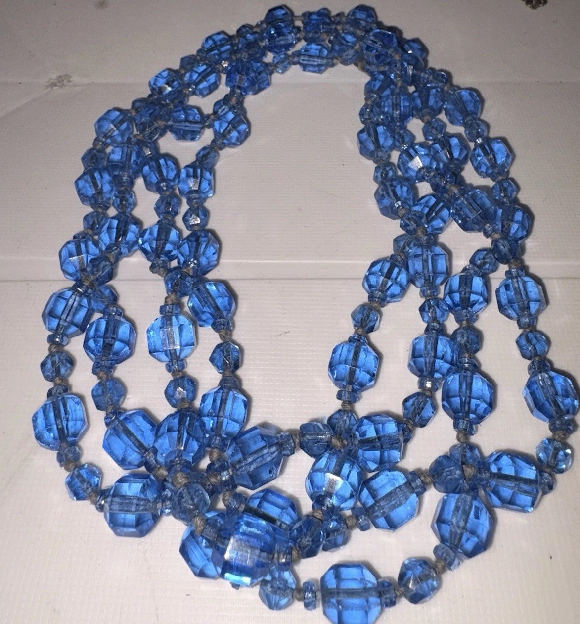 Antique 1920s Flapper Czech Glass Long Necklace Ceylon Sapphire Blue Beads 64”