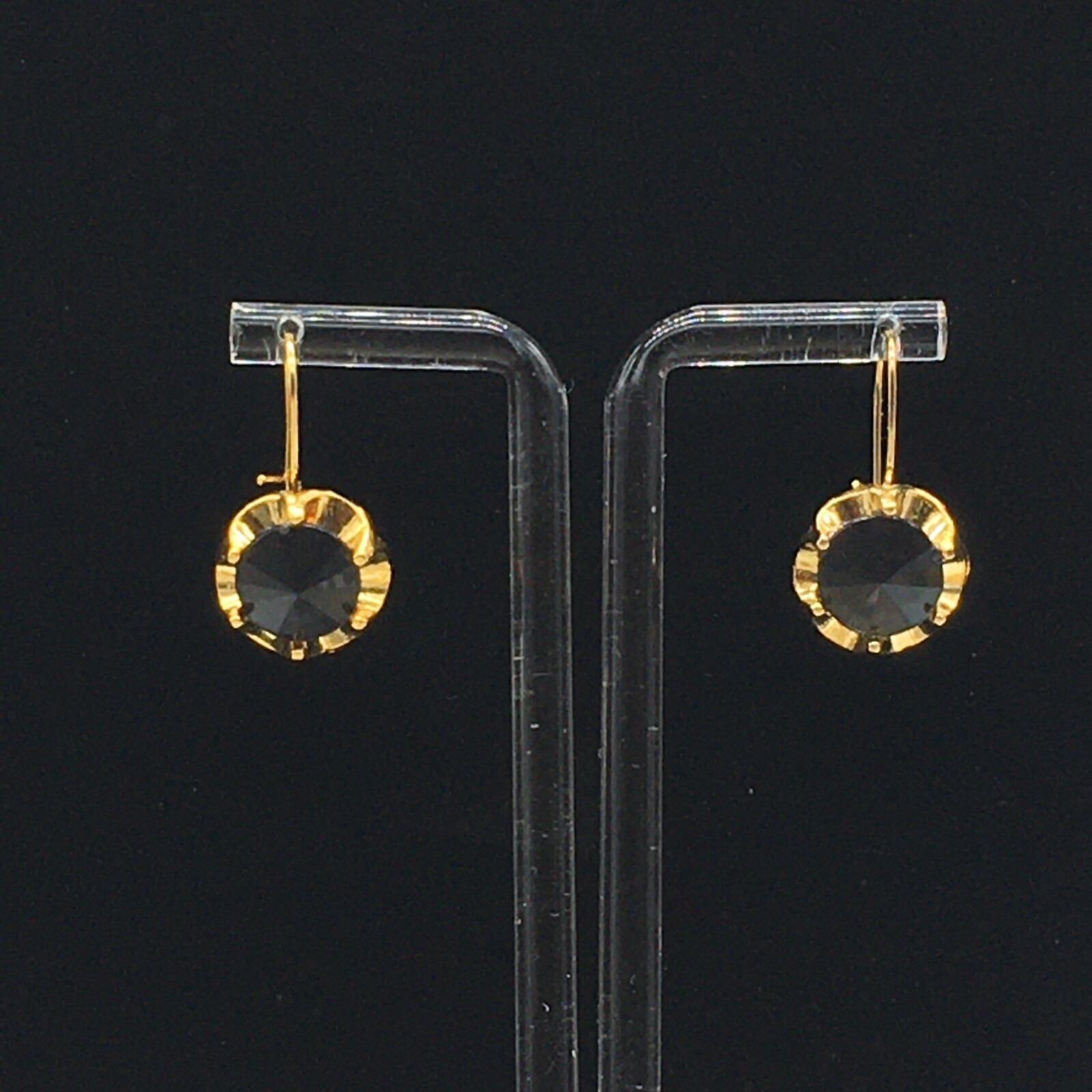 Black Leverback Earrings Gold Tone Cupcake Like Faux Tension Setting Pierced 1″