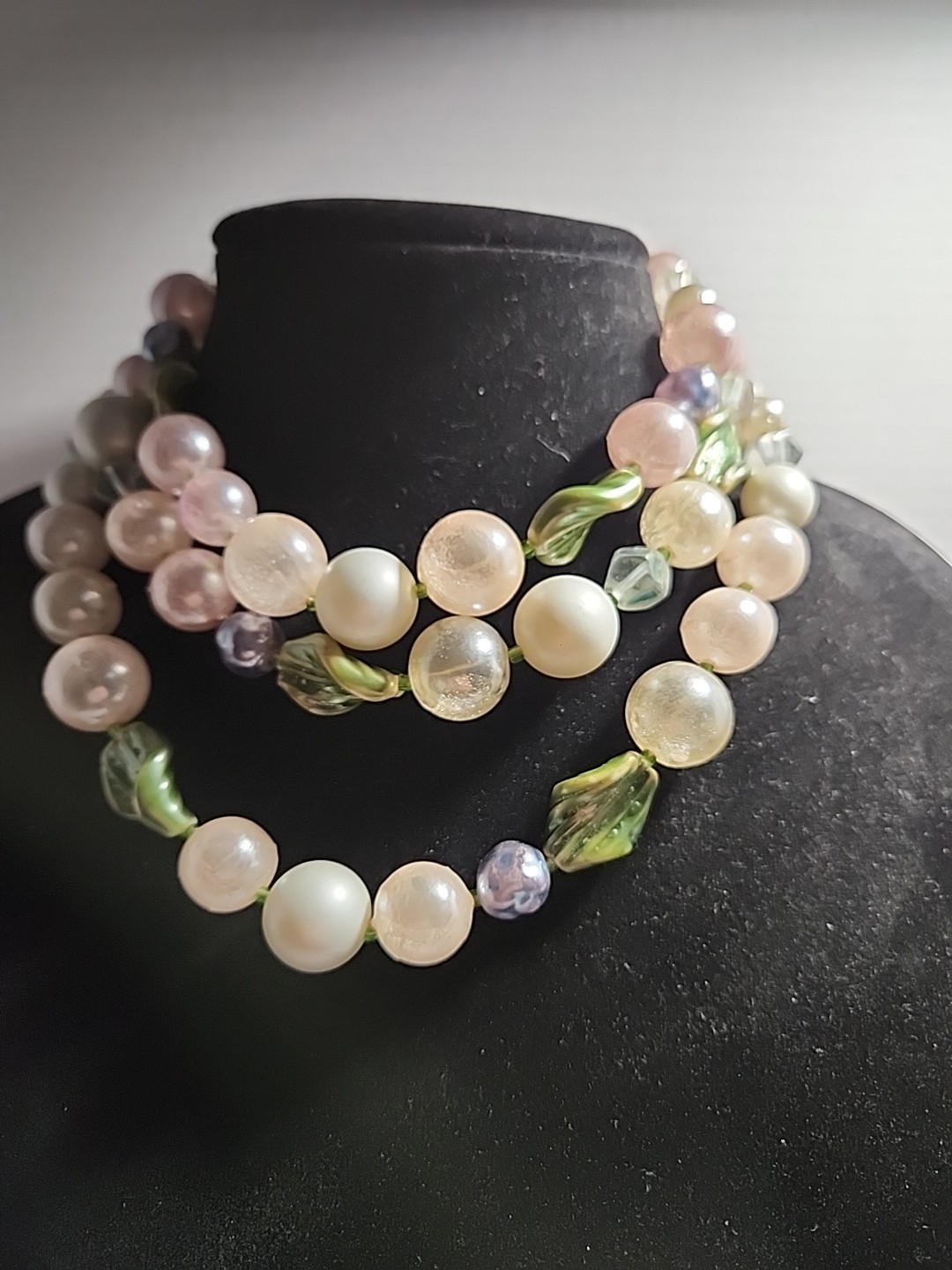 Vintage Pastel Multi Color Green Leaf Accent 3 Strand Large Beads Necklace