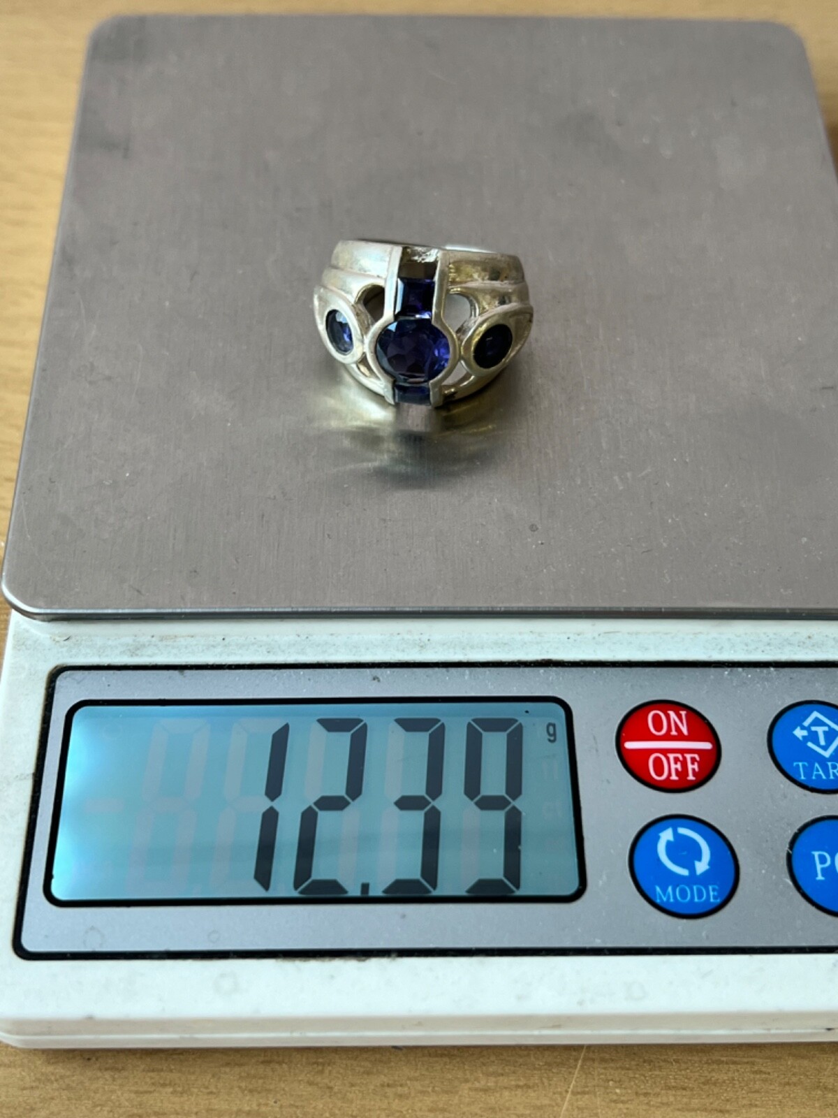 VINTAGE TANZANITE & IOLITE WIDE BAND RING 925 STERLING SLVER UNIQUE HEAVY CHUNKY