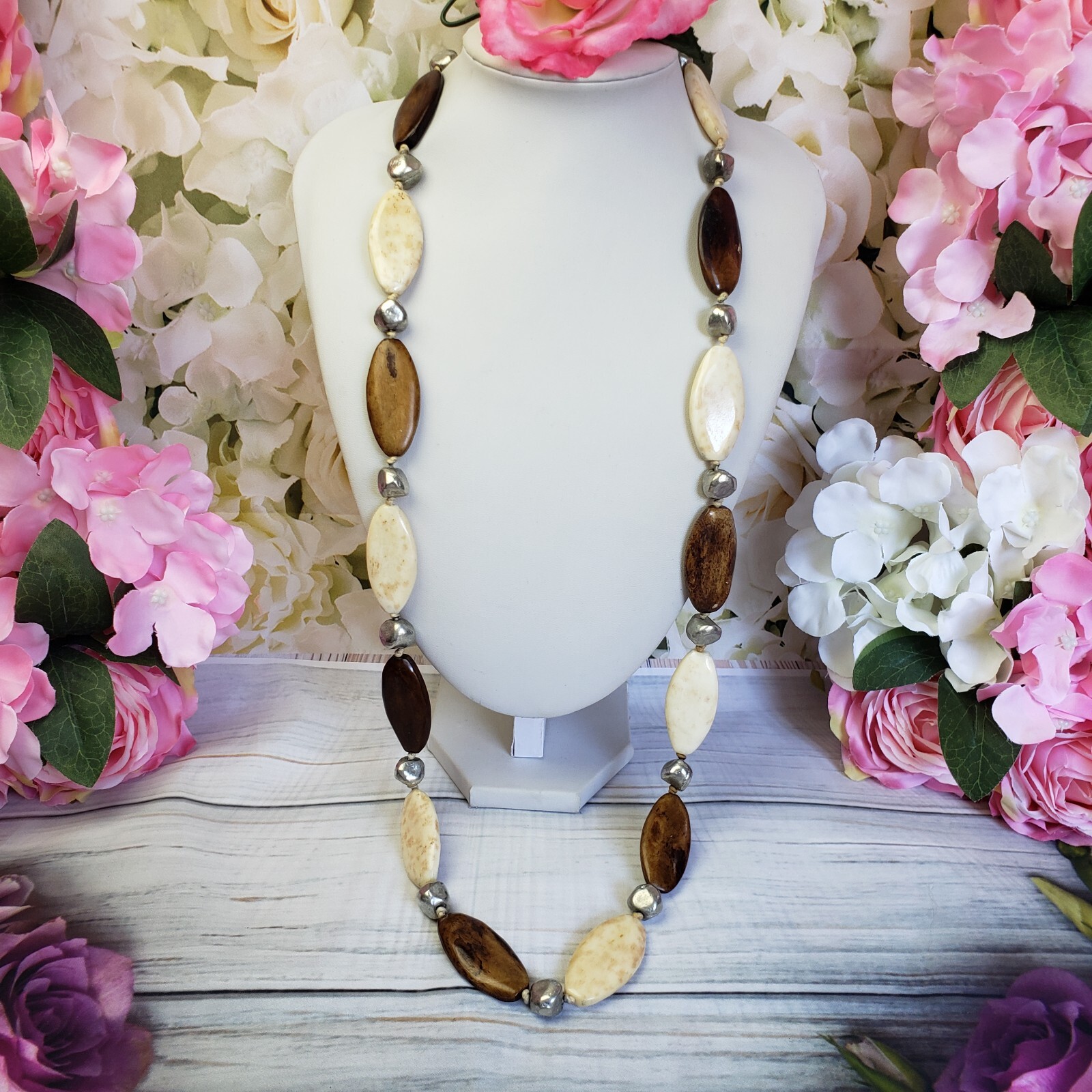 Artisan White & Brown Beaded Long Silver Tone Necklace