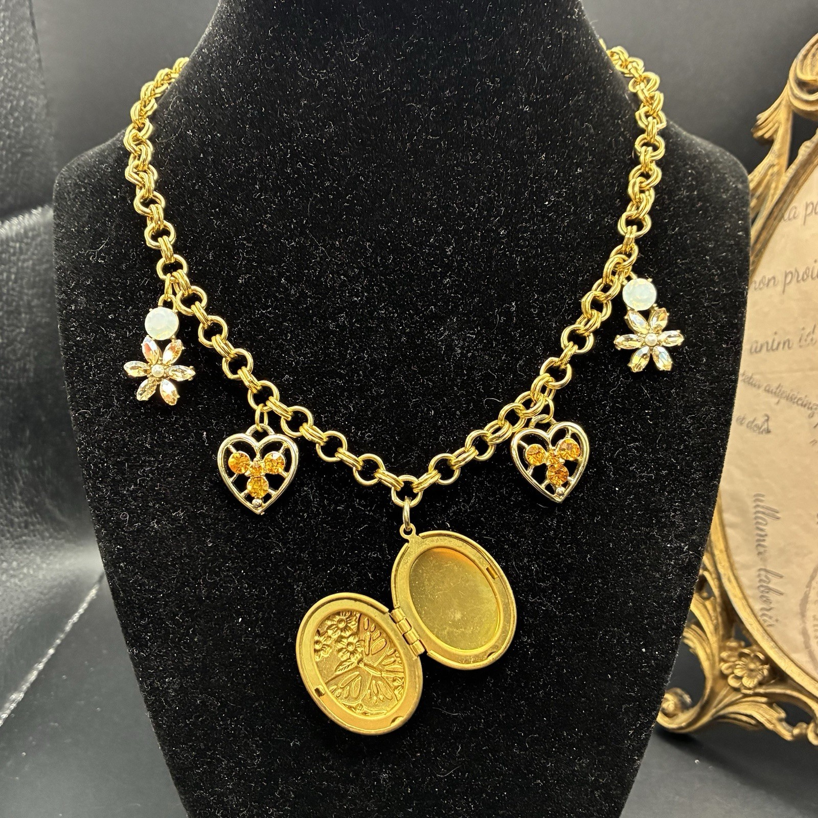 Charm Necklace OoaK, With Vintage Hearts, Flowers & Butterfly Locket, Adjustable
