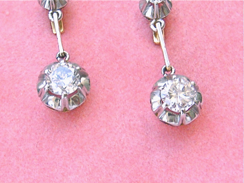 VINTAGE 1ctw DIAMOND DROP 2-STONE PLATINUM SHORT DANGLE COCKTAIL EARRINGS 1950