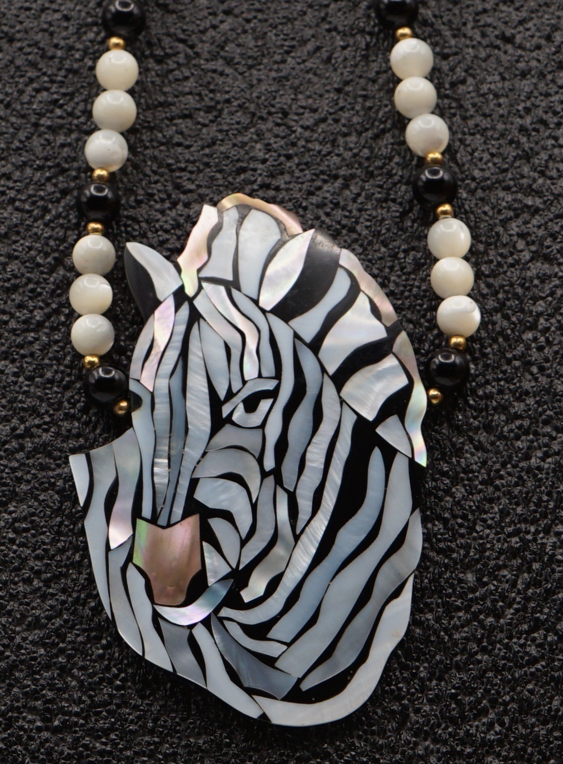 Vintage Lee Sands Safari Zebra Inlay Necklace Mother of Pearl Abalone