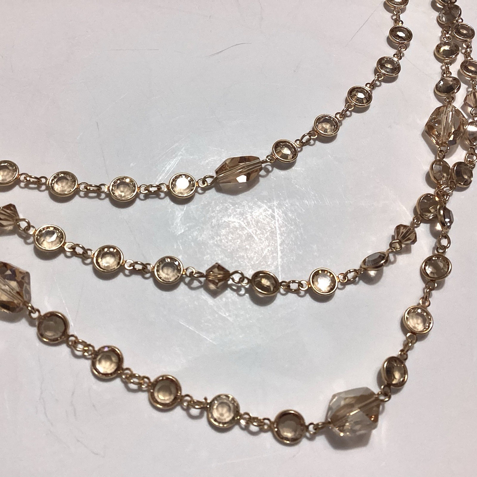 Austrian Crystal USA Signed GoldTone Bezel Champagne Multi-Strand Necklace 24.5”