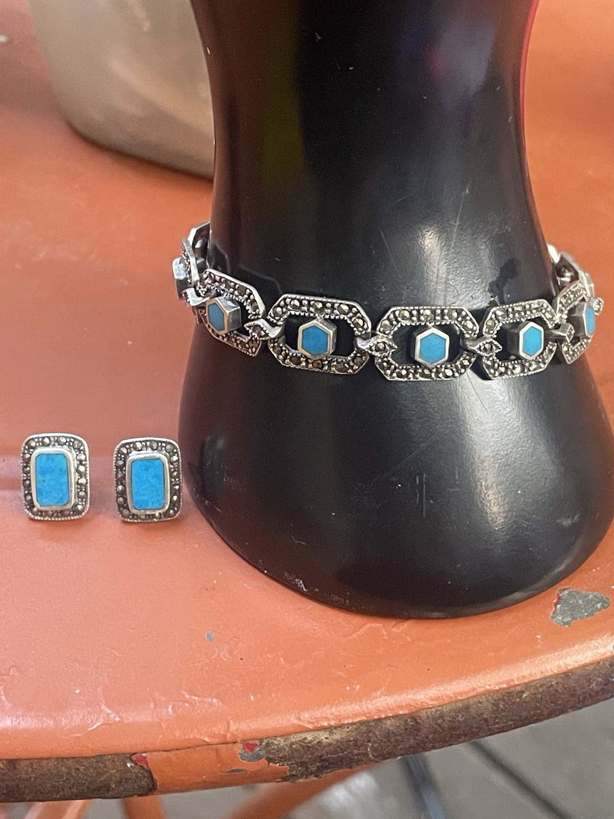 VTG .925 Stamped Sterling Silver Geometric Blue Turquoise Bracelet And Earrings