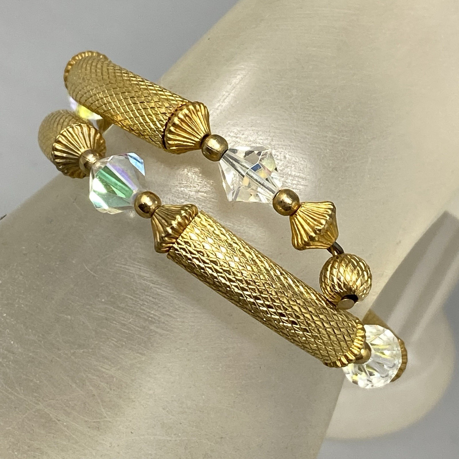 Gold Tone Tube Wrap Bracelet Crystal Bicone Aurora Borealis Bead Accents VTG