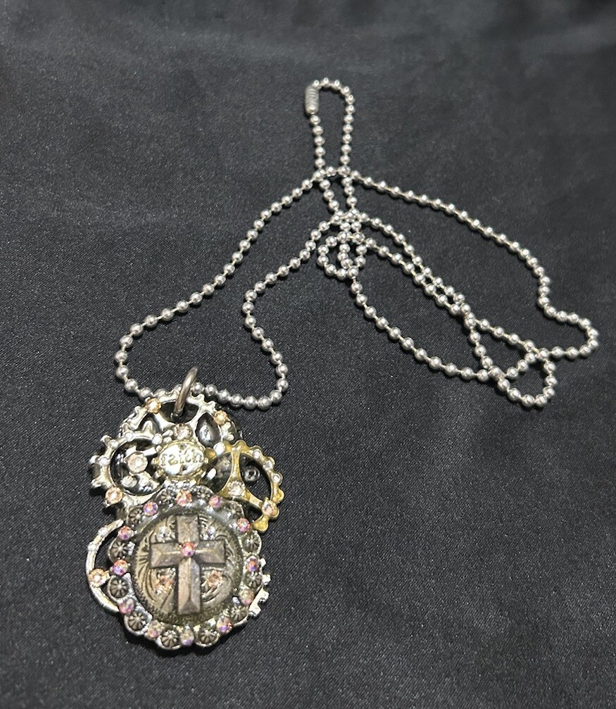 Vtg Faith Necklace Statement Pendant 14” Drop Rhinestones Handmade Brutalist