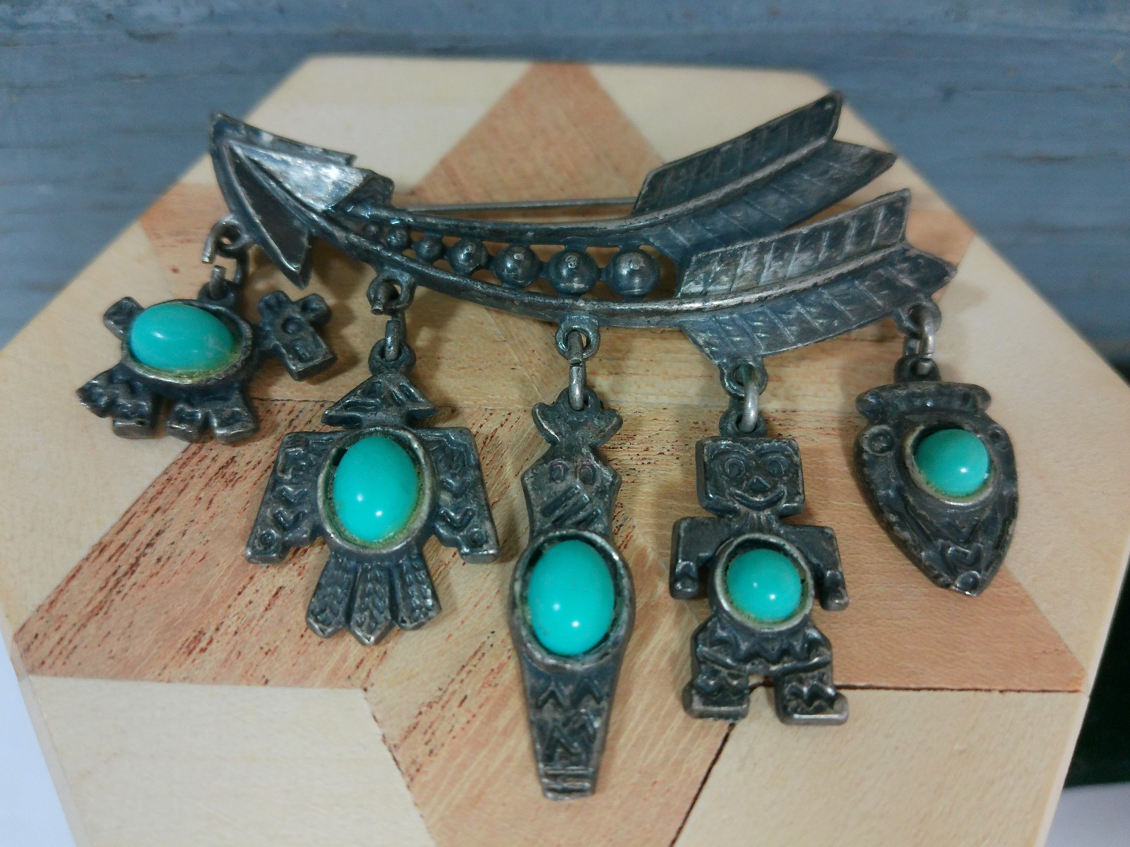 Vtg Native Symbol Faux Turquoise Stone ARROW Eagle Bird Horse Charm Pin Brooch