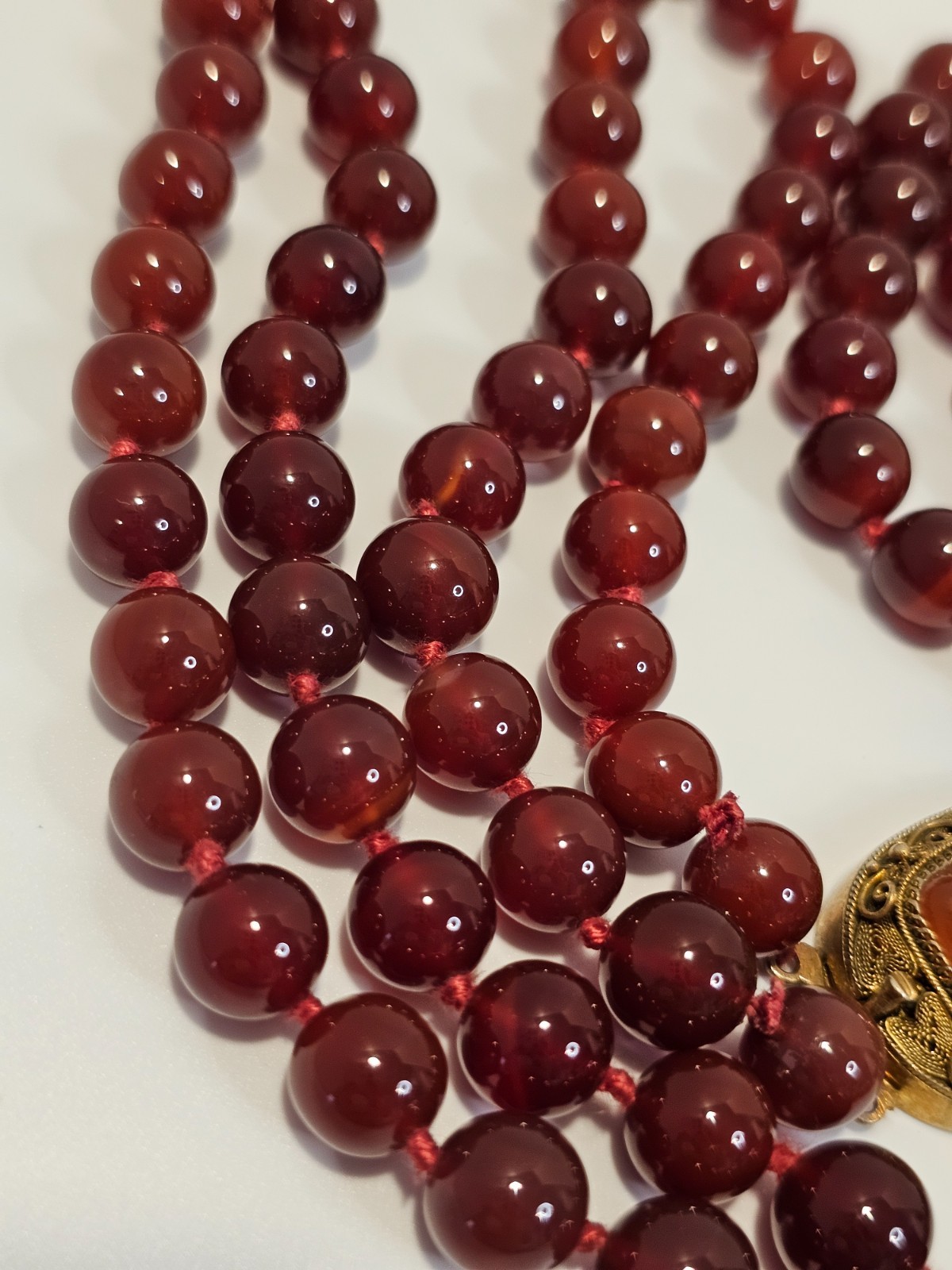 Vintage Carnelian bead necklace sterling gold wash filigree clasp