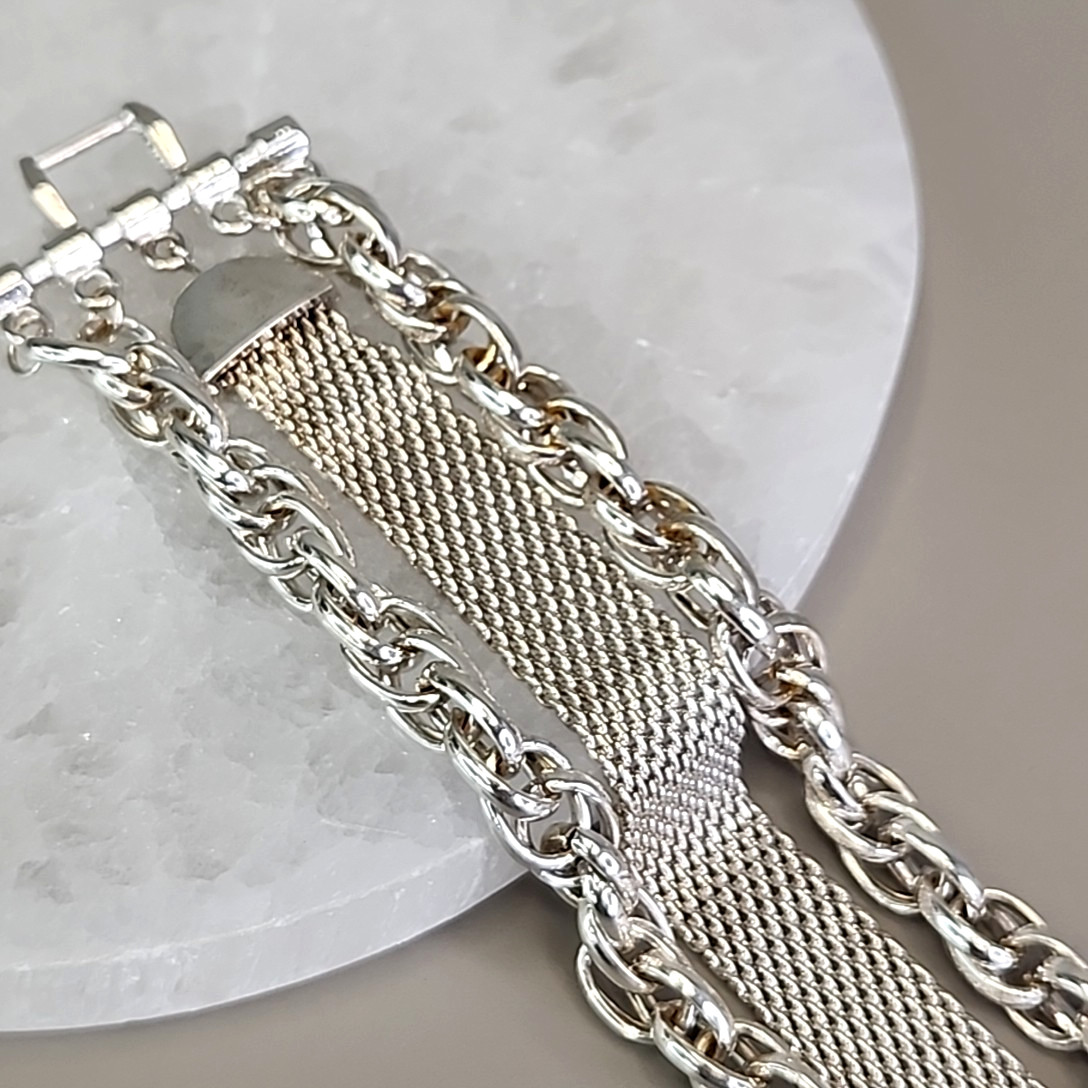 Vintage Mesh Chain Bracelet Silver Tone Layered 6.5″