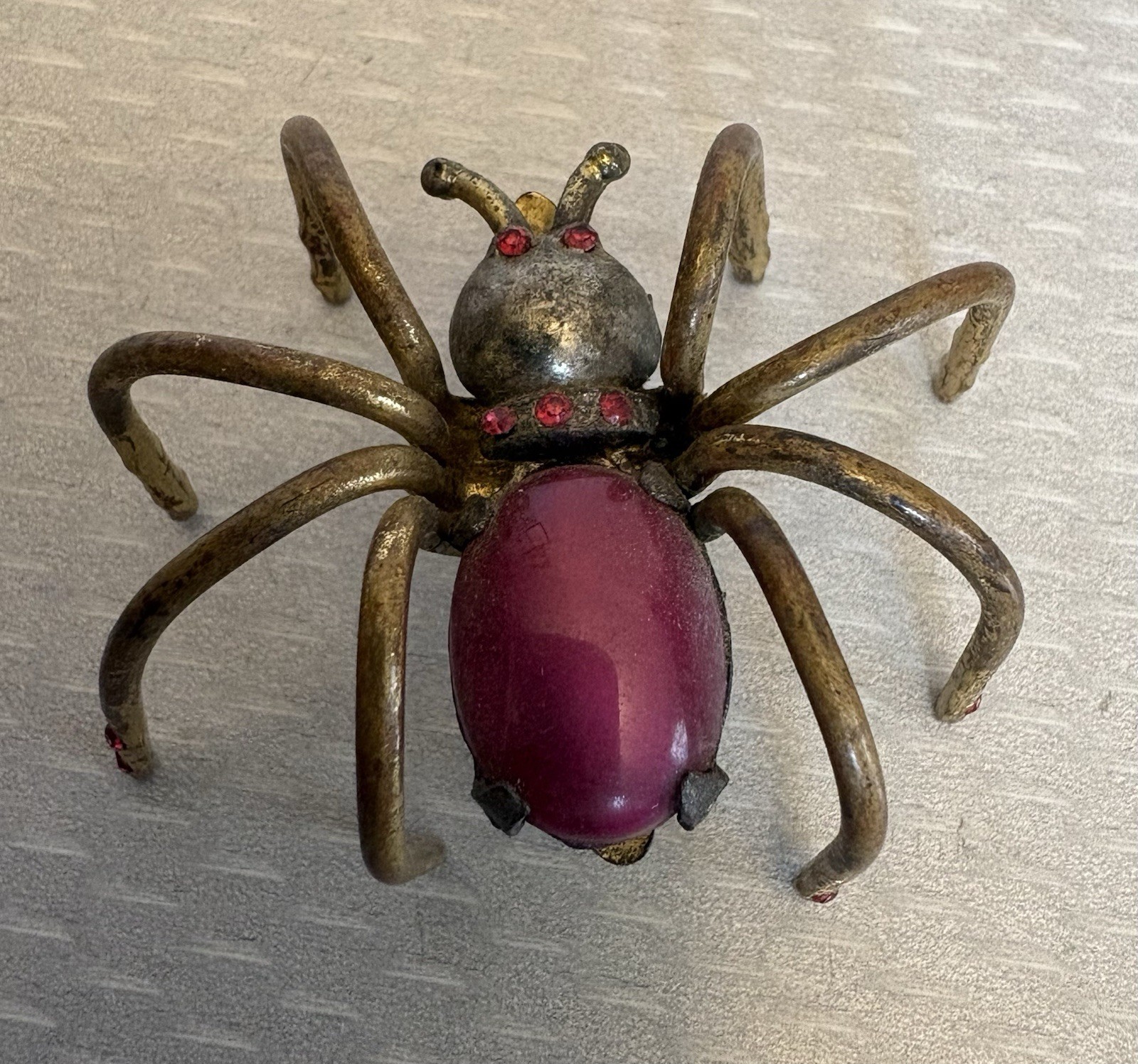 Art Deco Antique Spider Brooch Insect Bug Jewelry Red Plastic Rhinestones READ