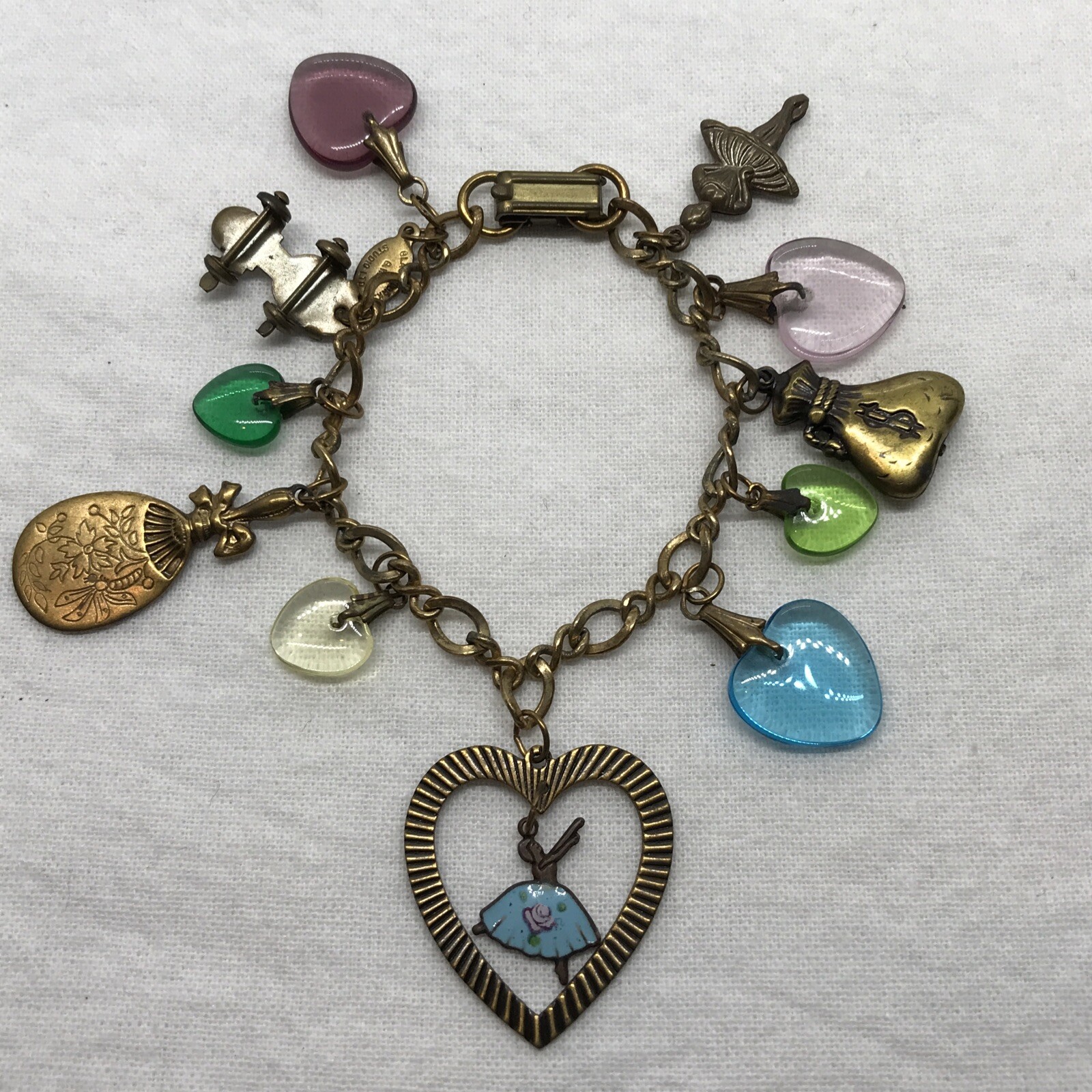 Vintage Glass Works Studio Glass Brass Charms in Multi Colors Bracelet