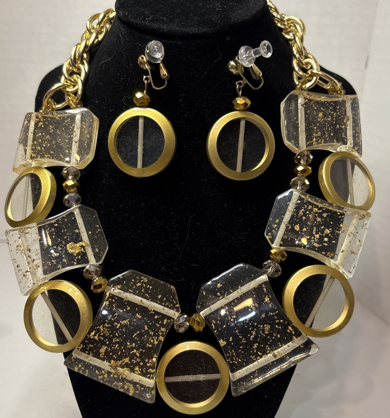 Vintage Chunky Statement Clear Lucite With Gold Flecks Demi Parure Set