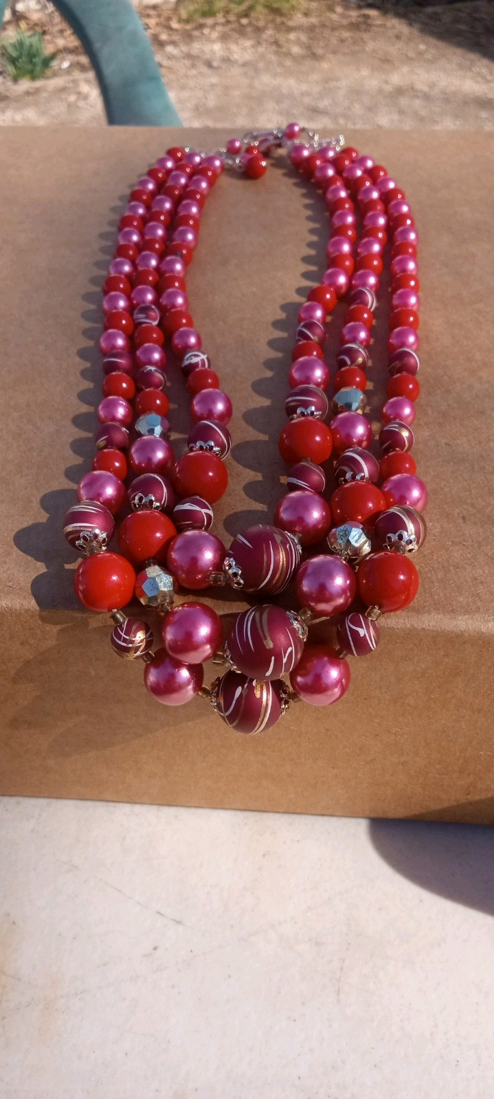 1950’s Japan 3 Strand 21″ Graduated Lucite Beads Necklace Red Purple Pink Signed