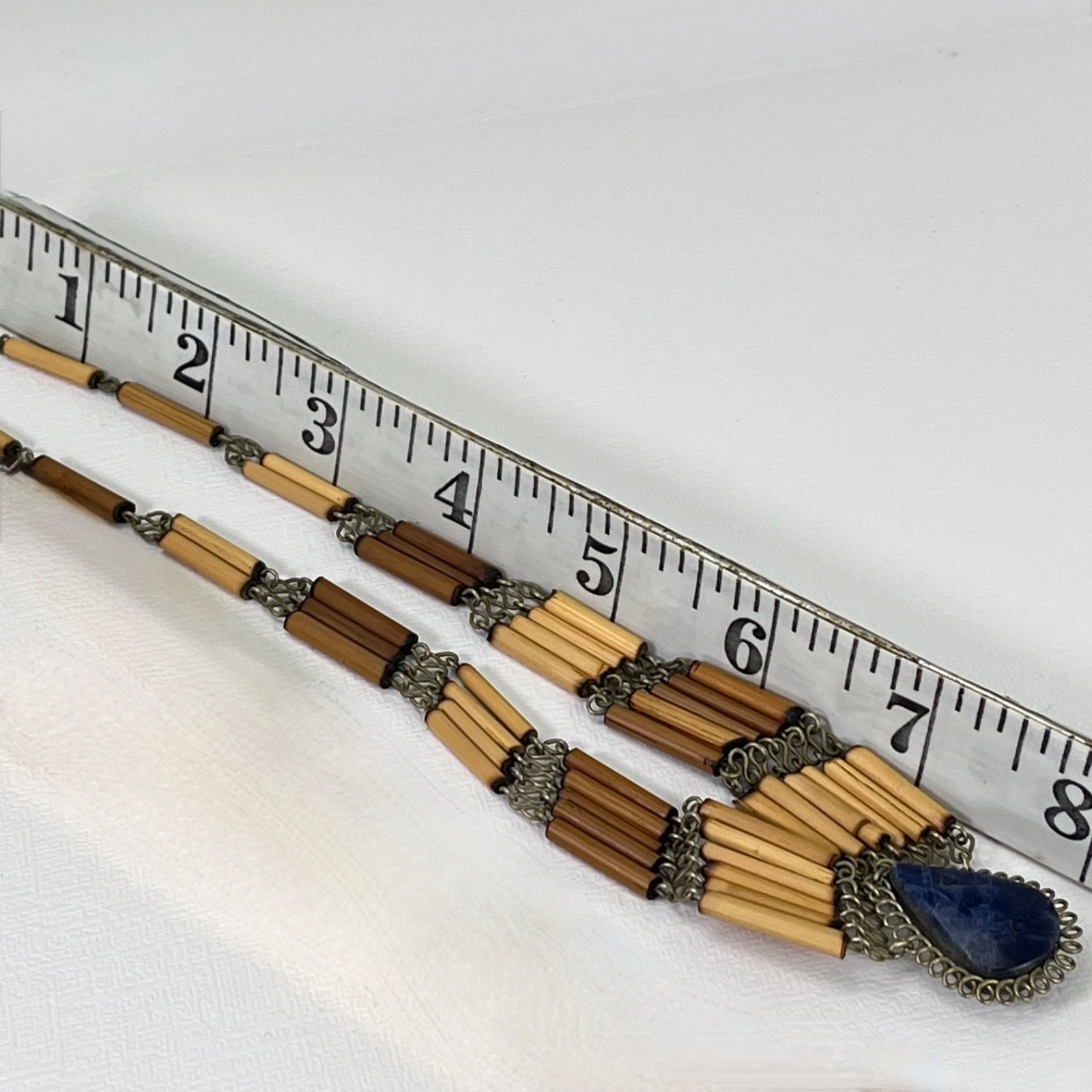 Vintage Boho Necklace Blue Stone Pendant Bamboo Bead Bib Statement 16”