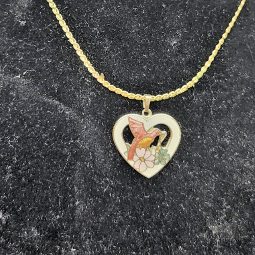 Vintage Cloinesse Hummingbird & Floral Enamel Jewelry Set heart pendant earrings