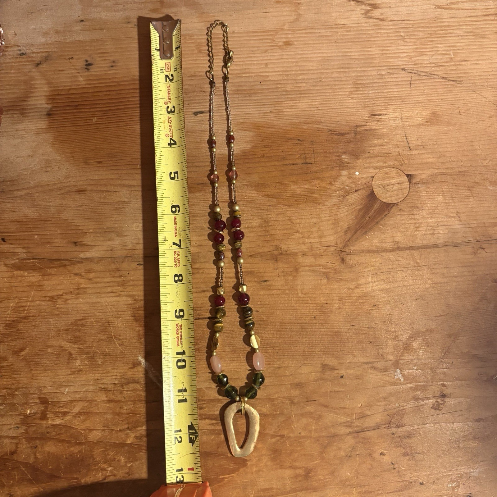 Boho Vintage Beaded Necklace Rose Quartz Tiger Eye Glass Brass Pendant Handmade