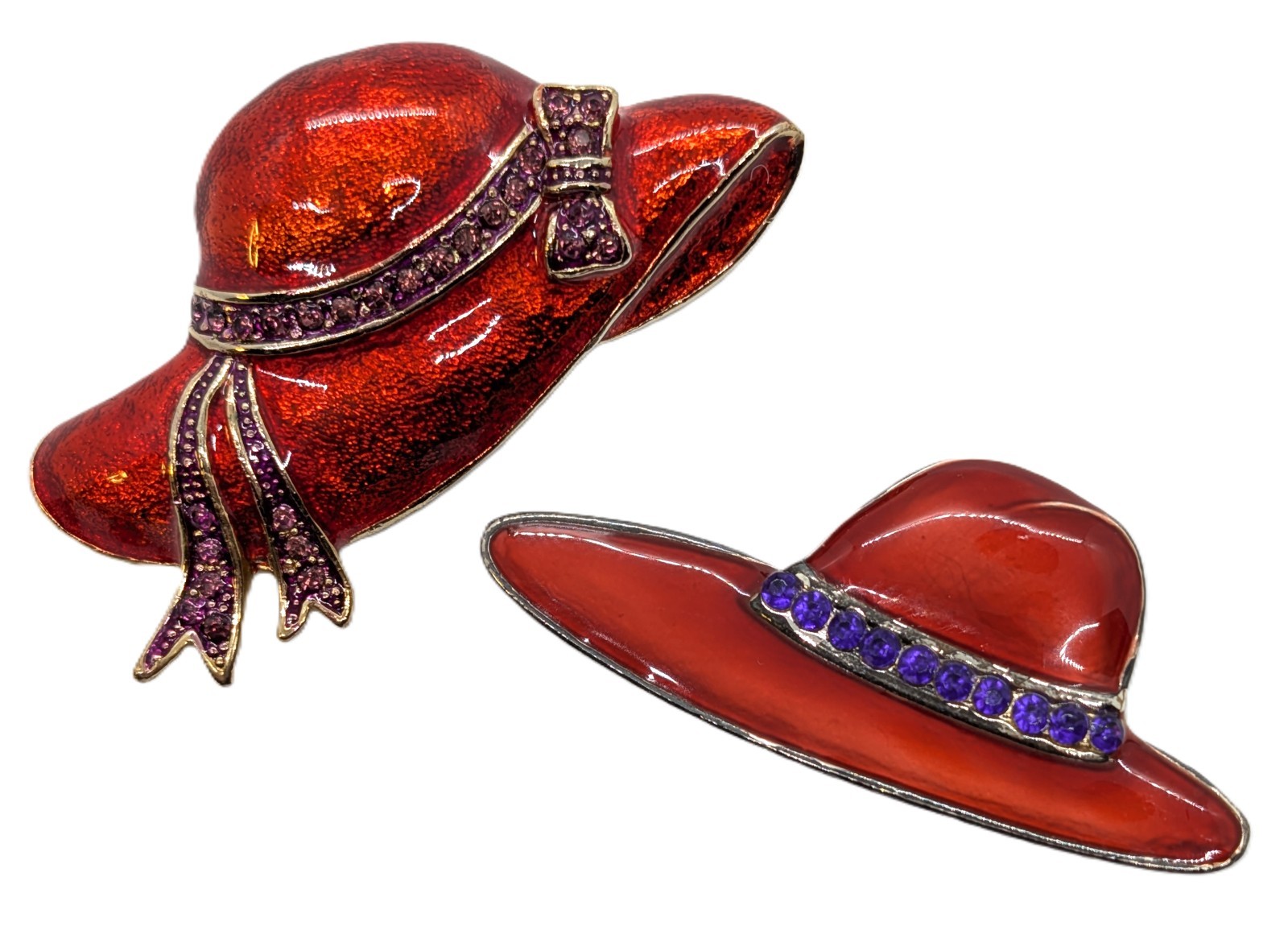 Vintage Red Hat Society Set of Two Red Enamel Purple Rhinestone Ribbon Brooches