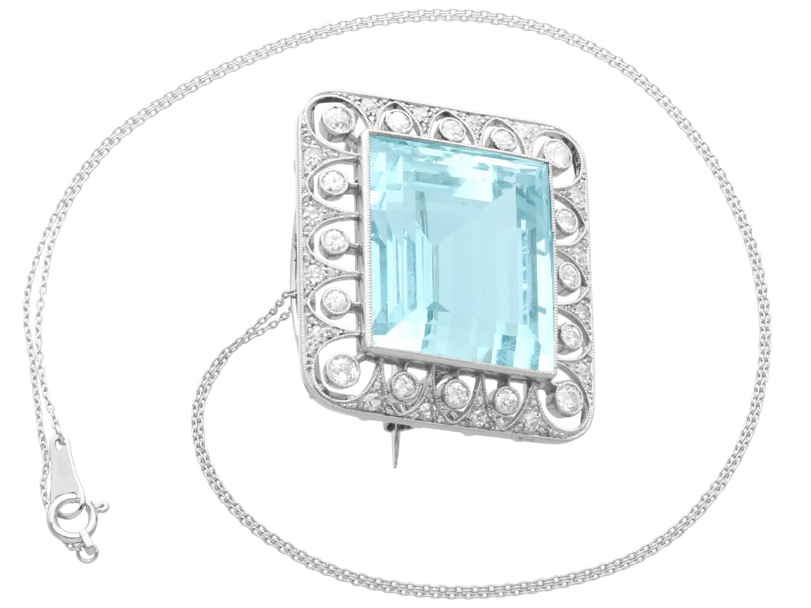 Antique 42.24Ct Aquamarine, 1.62Ct Diamond and Platinum Brooch / Pendant