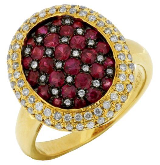 1.53CT DIAMOND & AAA RUBY 14KT YELLOW GOLD 3D CLUSTER OVAL DOUBLE HALO FUN RING