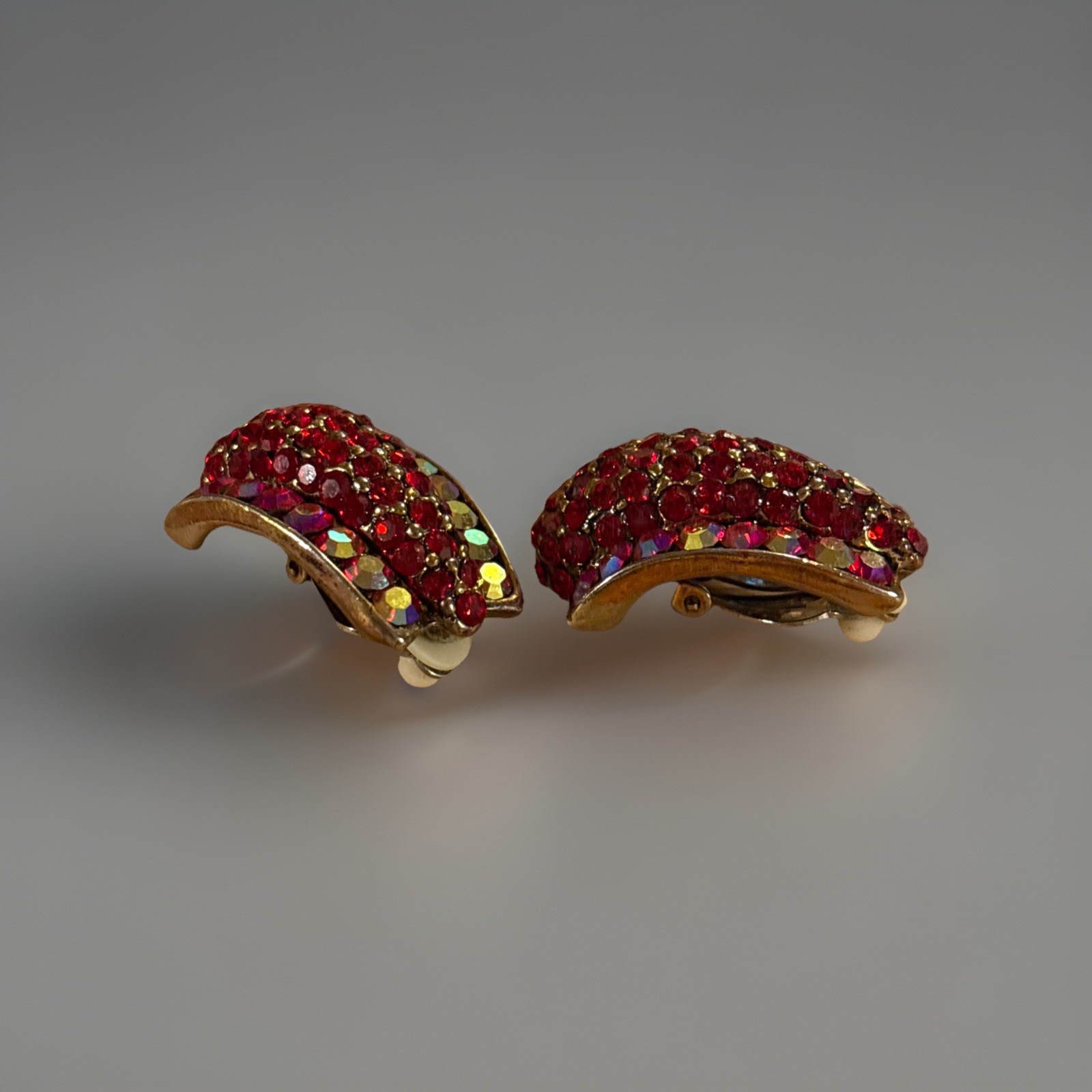 Vintage Red & Iridescent Rhinestone Clip Earrings Gold Tone