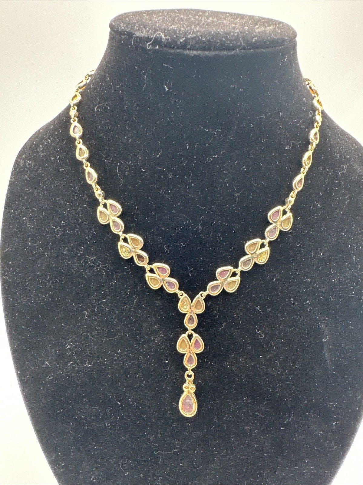 Faux Gemstone Glass Cabochon Lavaliere Necklace Purple Gold Vintage Jewelry 18in