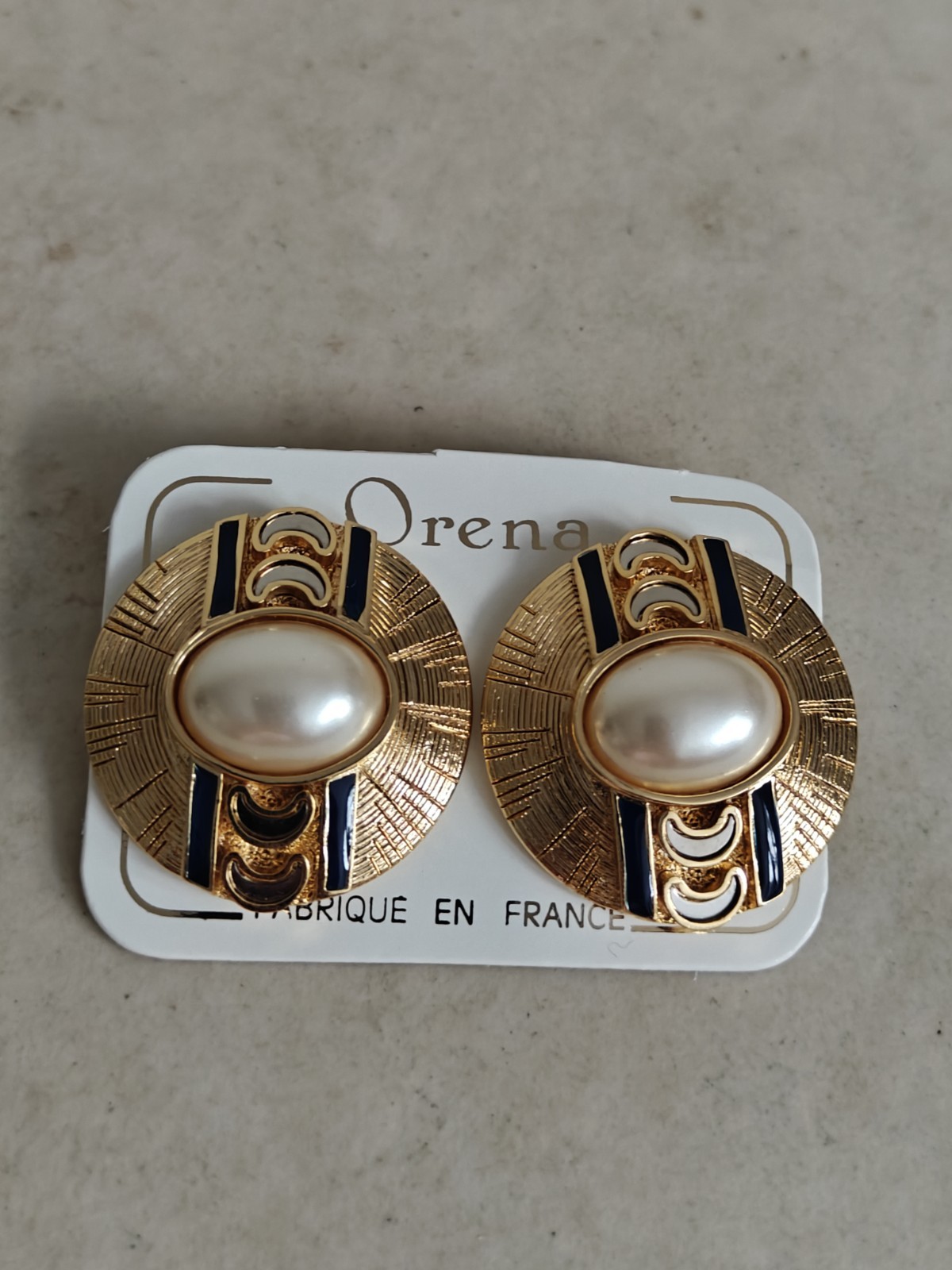 Vintage Orena Paris Faux Mabe Pearls Enamel Earrings Matte Yellow Gold New