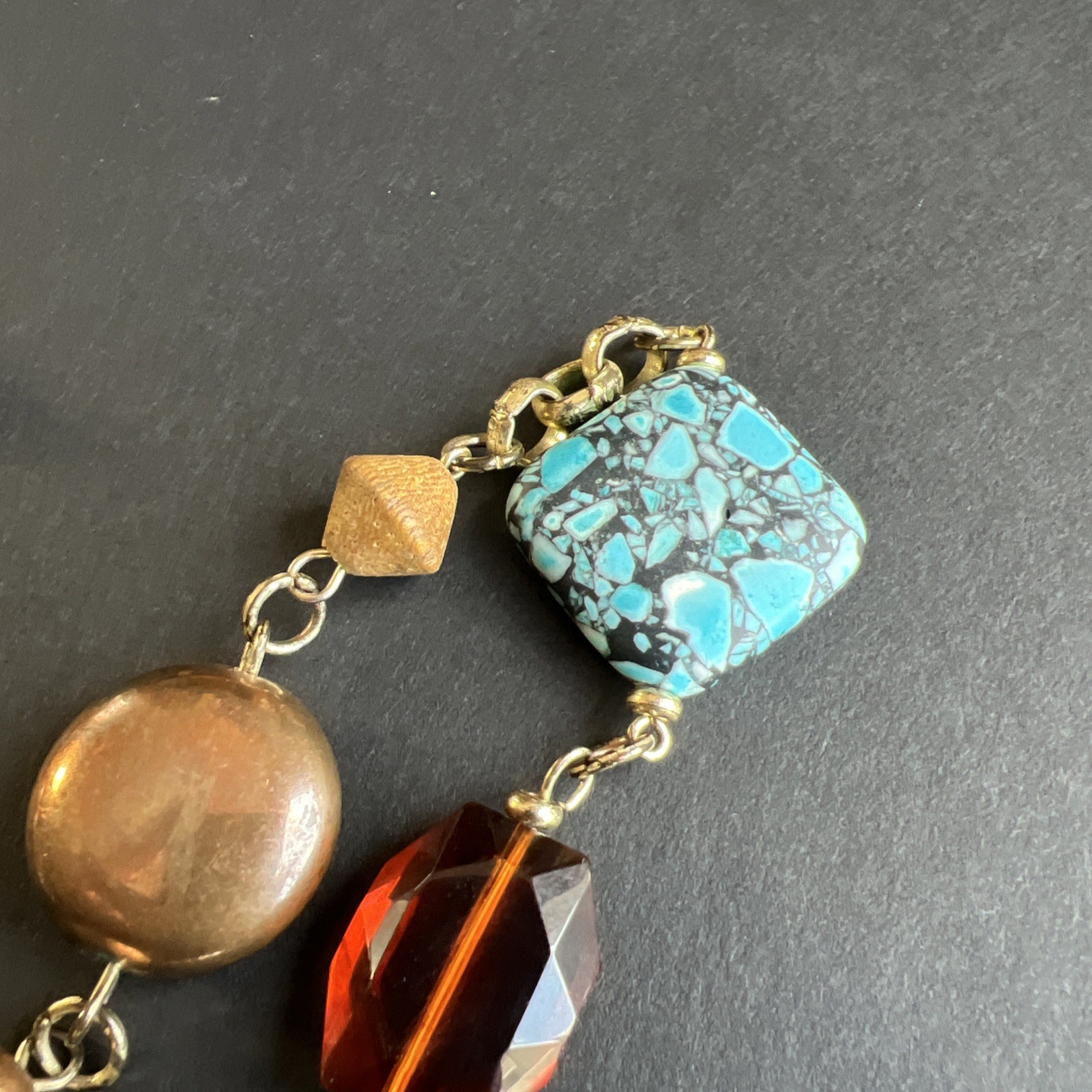 Vintage Turquoise Chip Inlay Beads Amber Mother of Pearl Abalone Bronze Necklace
