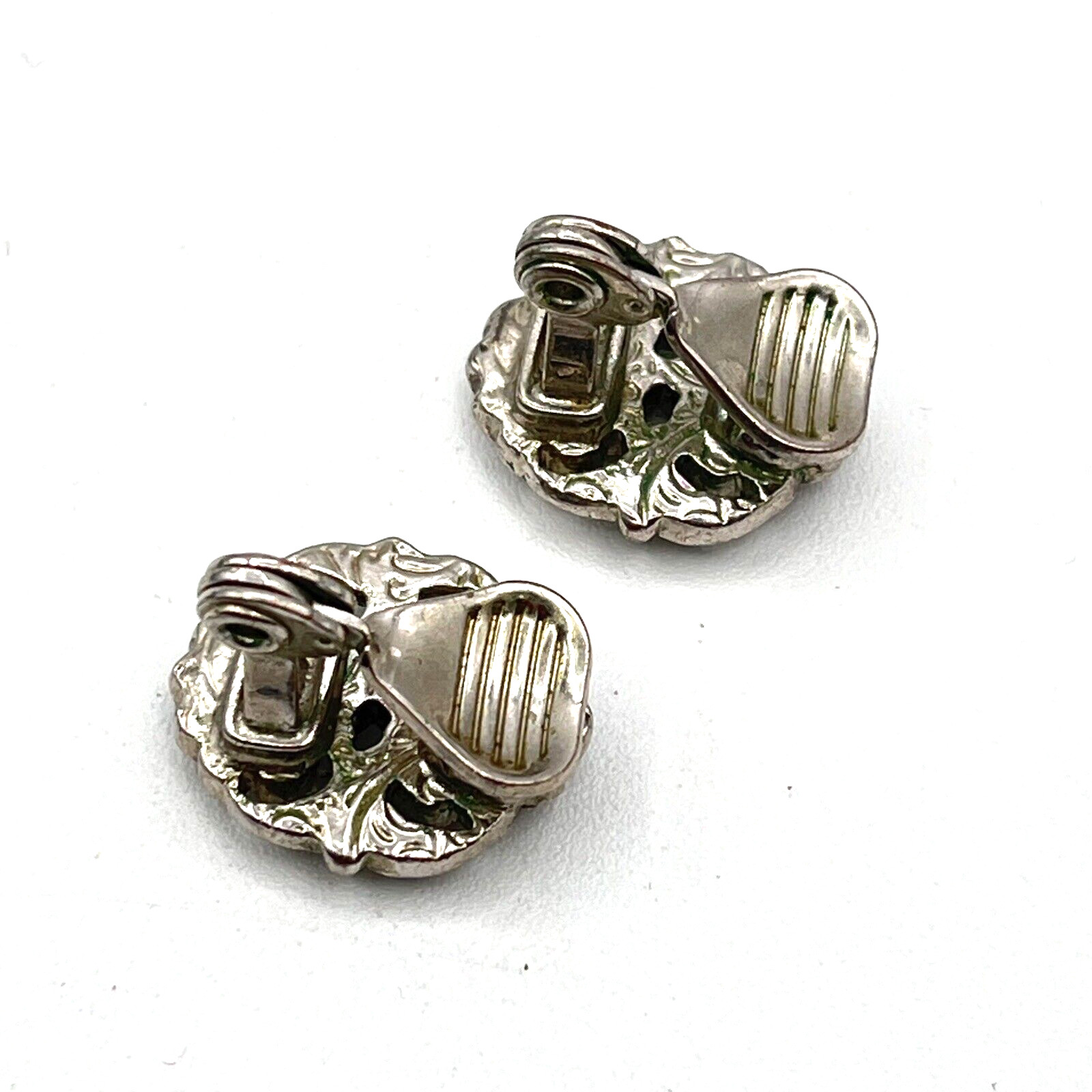 Vintage 1928 Brand Earrings Pink Rose and Green Rhinestone Clip Earrings 3/4″