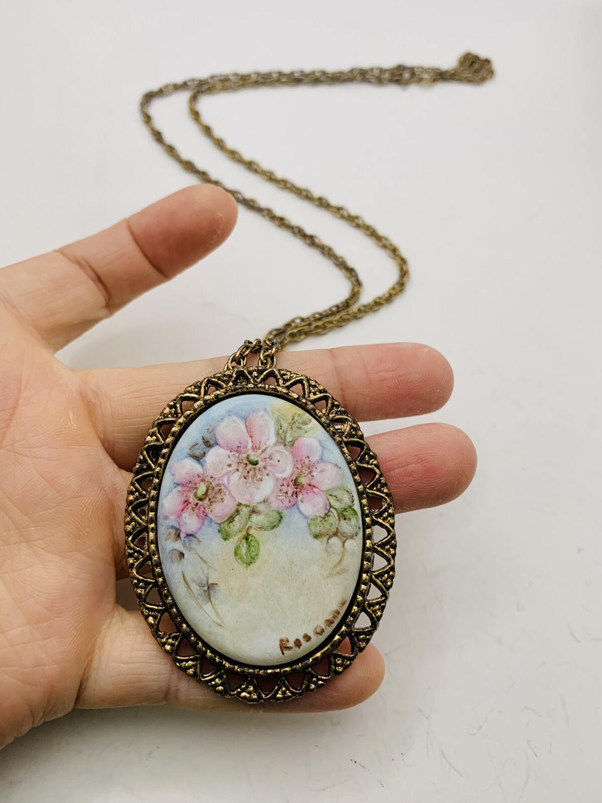 Vintage Cottagecore Hand Painted Pink Flower Nature Scene Artist Signed Necklace
