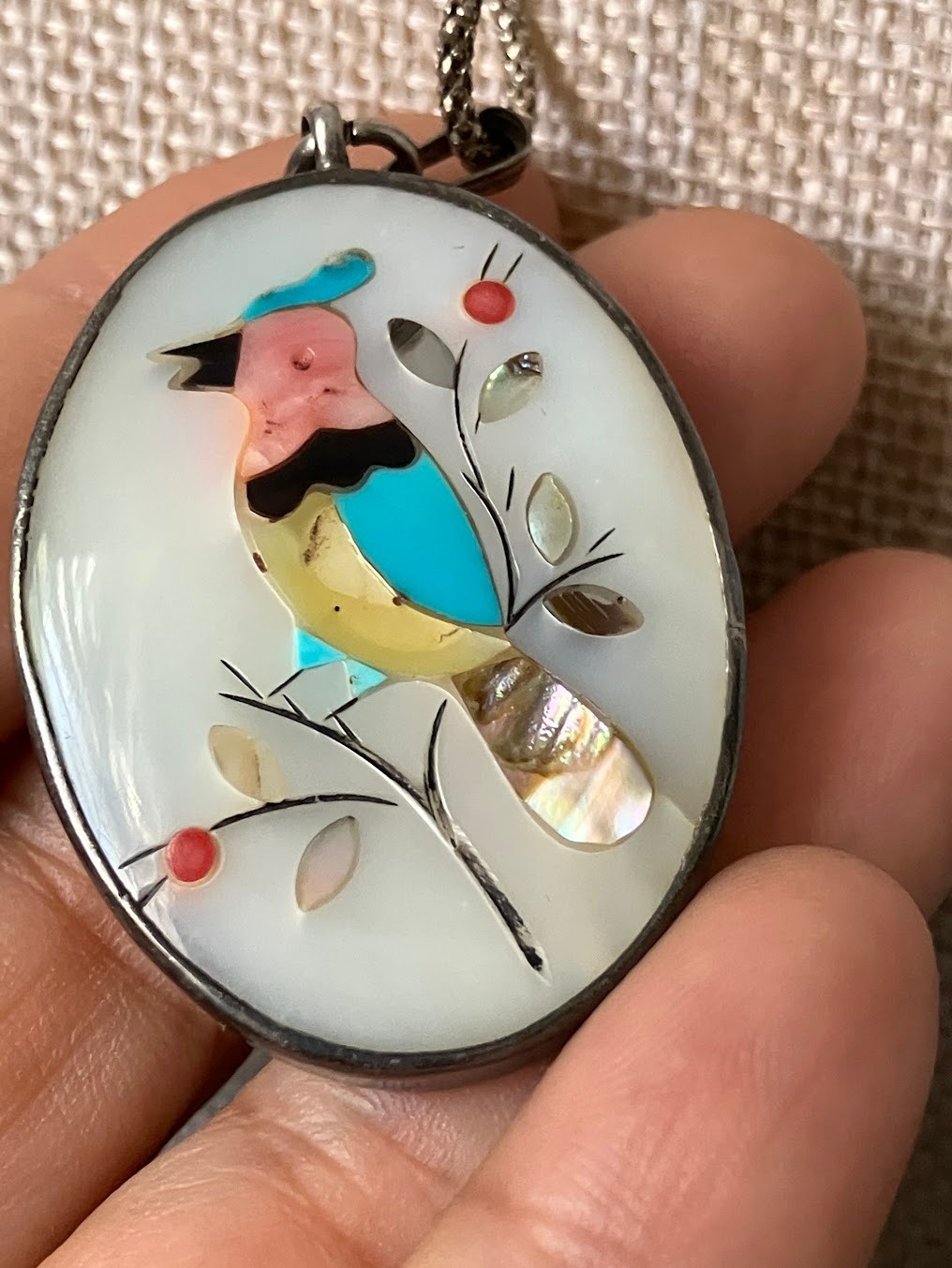 Vintage Multi Stone Inlay Pendant Bird Mother of Pearl Sterling Signed READ