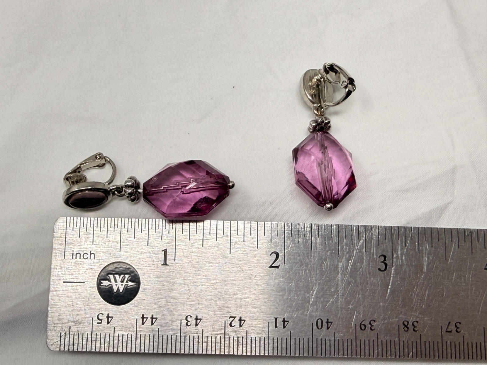 Purple Cabochon Acrylic Crystal Silver Tone 1.5″ Drop Dangle Clip on Earrings
