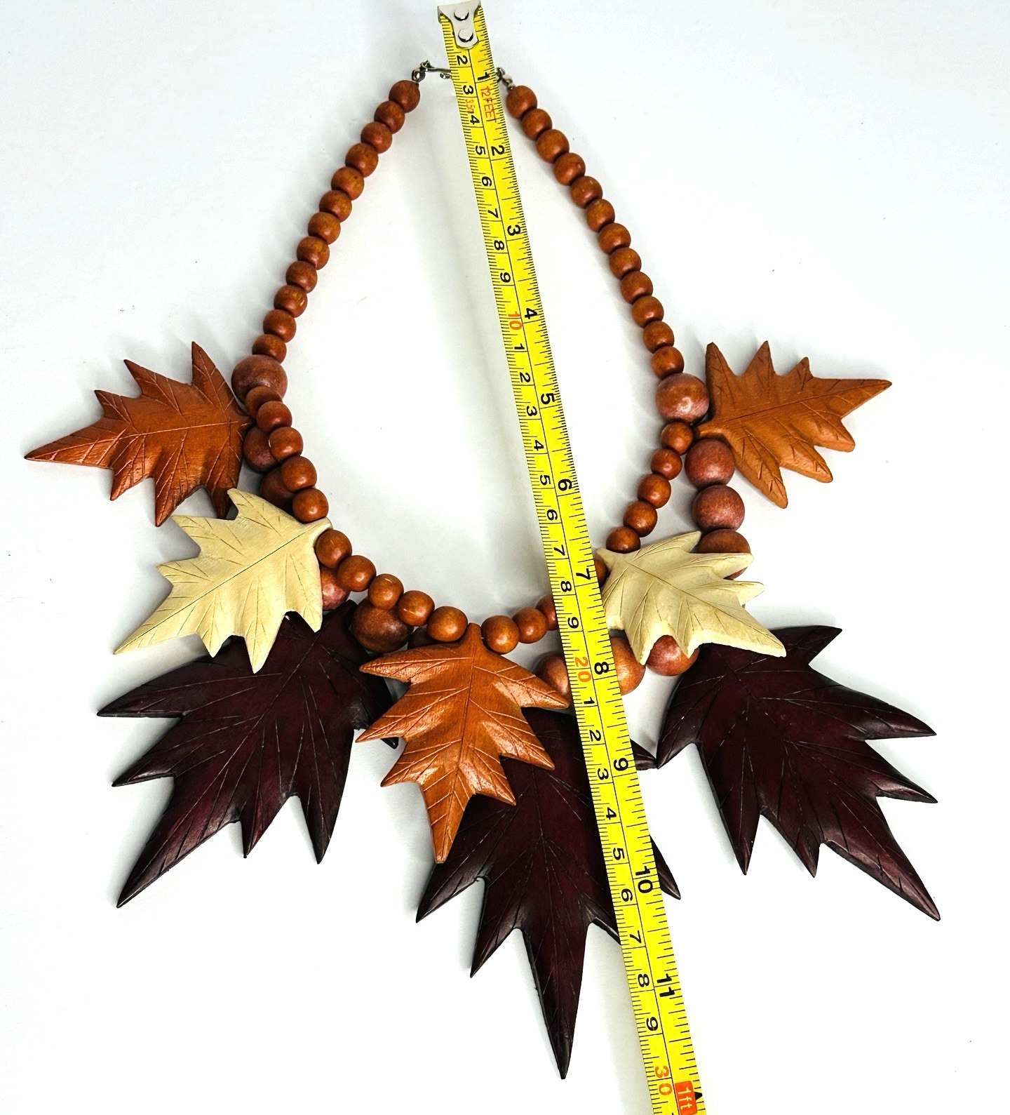 VTG Boho Wooden Leaf Necklace Double Strand Beaded Autumn Fall Colors Statement