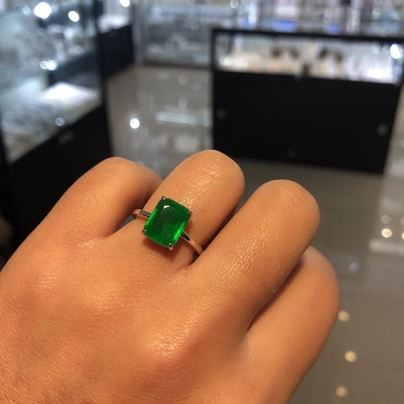 4.00Ct Lab-Created Emerald Classic Solitaire Proposal Ring 925 Silver For Women