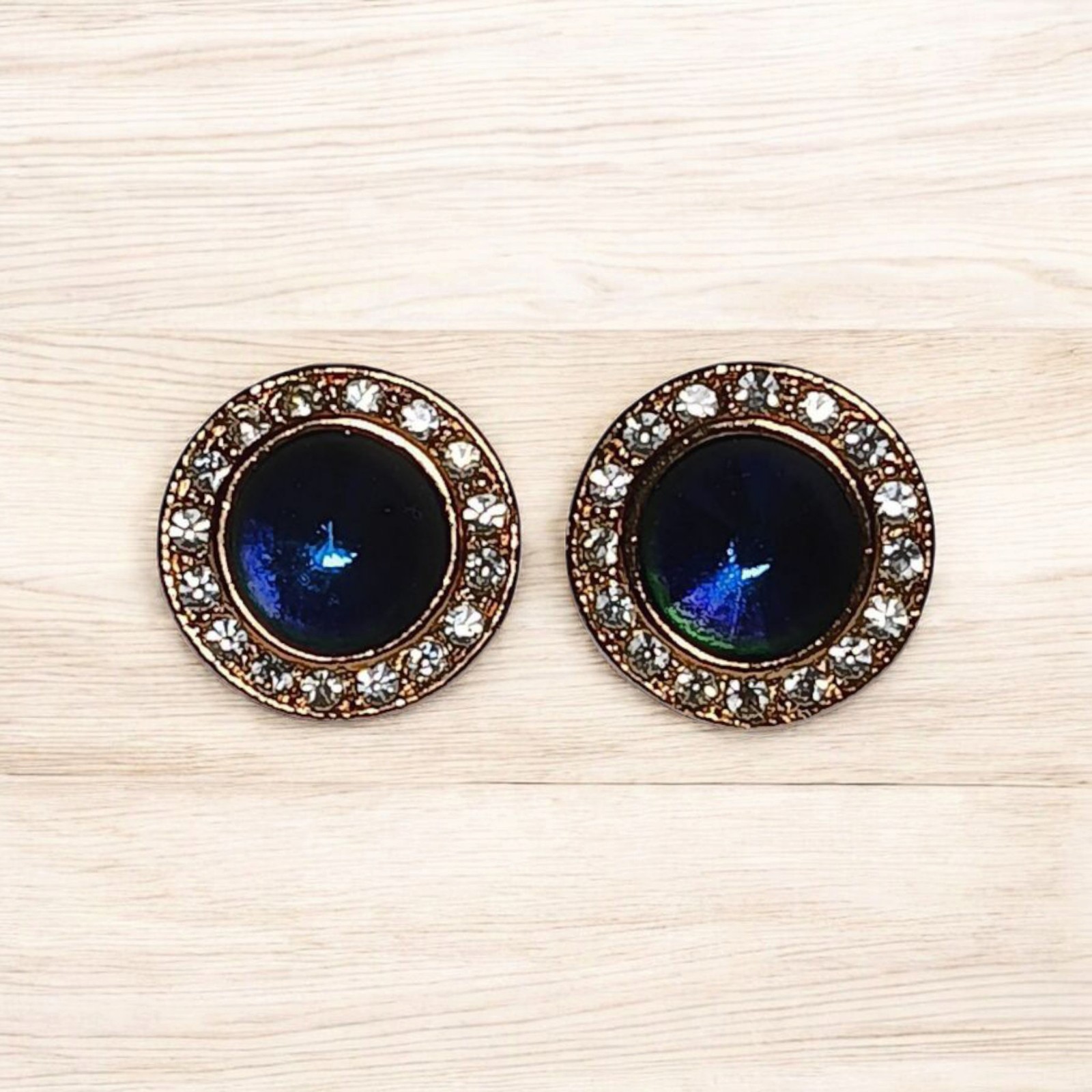 Roman Signed Earrings Violet Blue Rivoli Clear Crystal Gold Tone Round Pierced