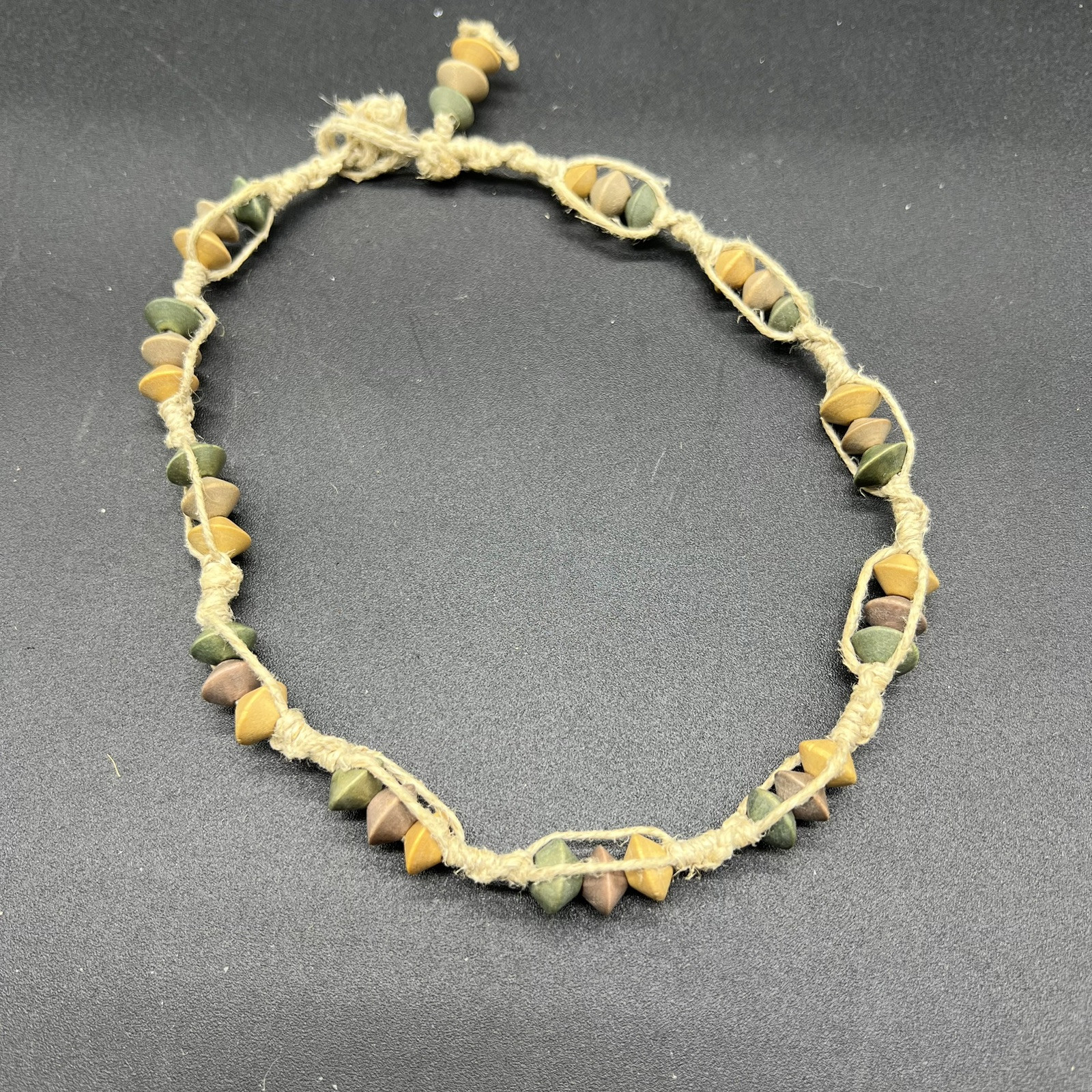 Retro Y2K 16” Neutral Colors Wood Beaded Twine ~ Hemp Choker Necklace ~ Hippie
