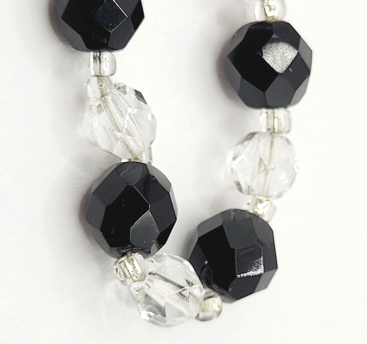 Modern Art Deco Black Clear Cut Crystal Bead Silver Tone Vintage Necklace 31 in