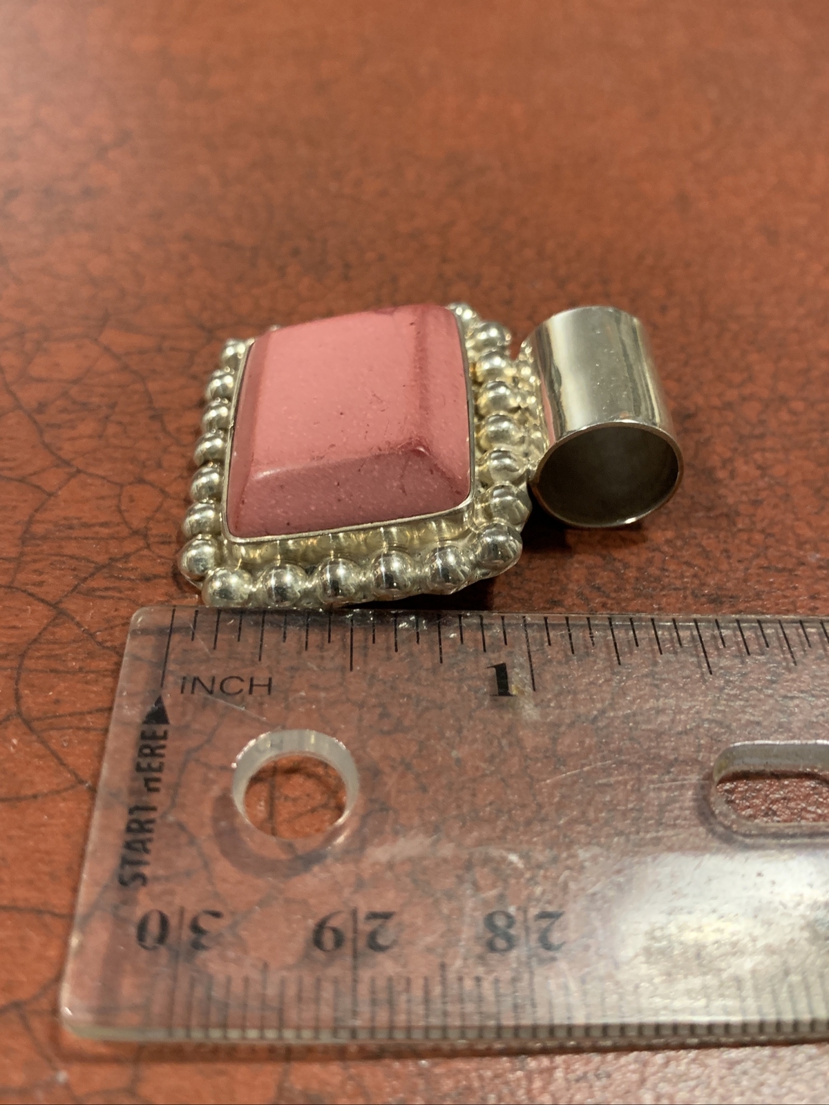 Polished Pink Stone Sterling Silver Rectangular Statement Necklace Pendant
