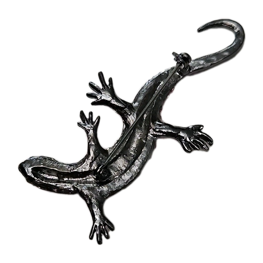 3″ Salamander Brooch Pink Rhinestones Gunmetal enamel Unsigned EUC