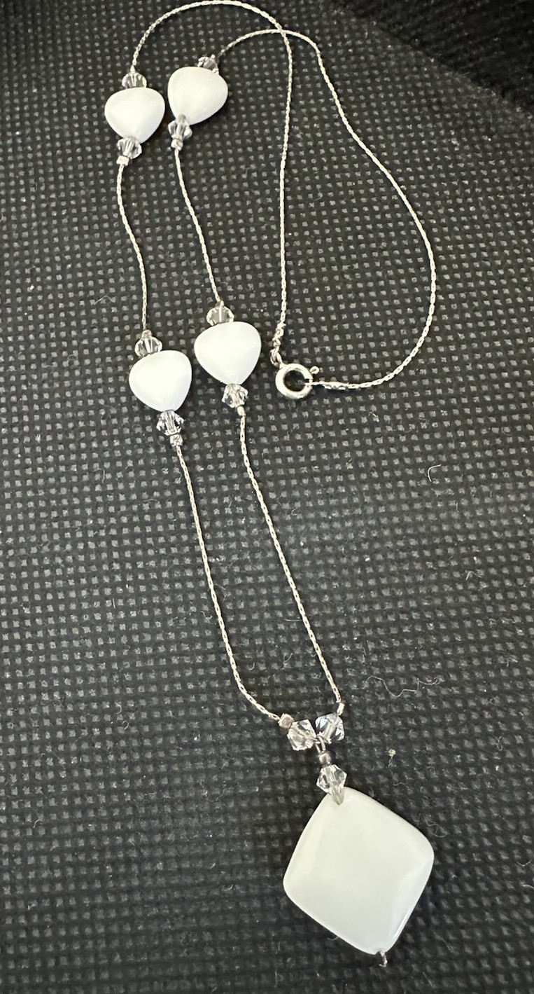 STERLING WHITE GEMSTONE RHOMBUS PENDANT & STATION HEARTS W/CRYSTALS NECKLACE