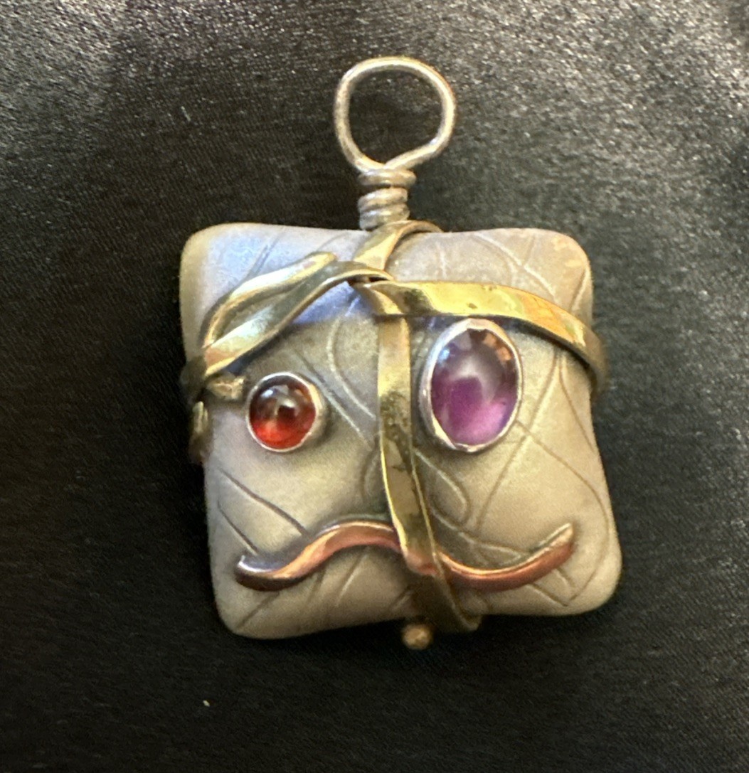 SMB Artesian Signed Sterling Silver, Multi-Metal & Gem 3-D Pendant 1”square