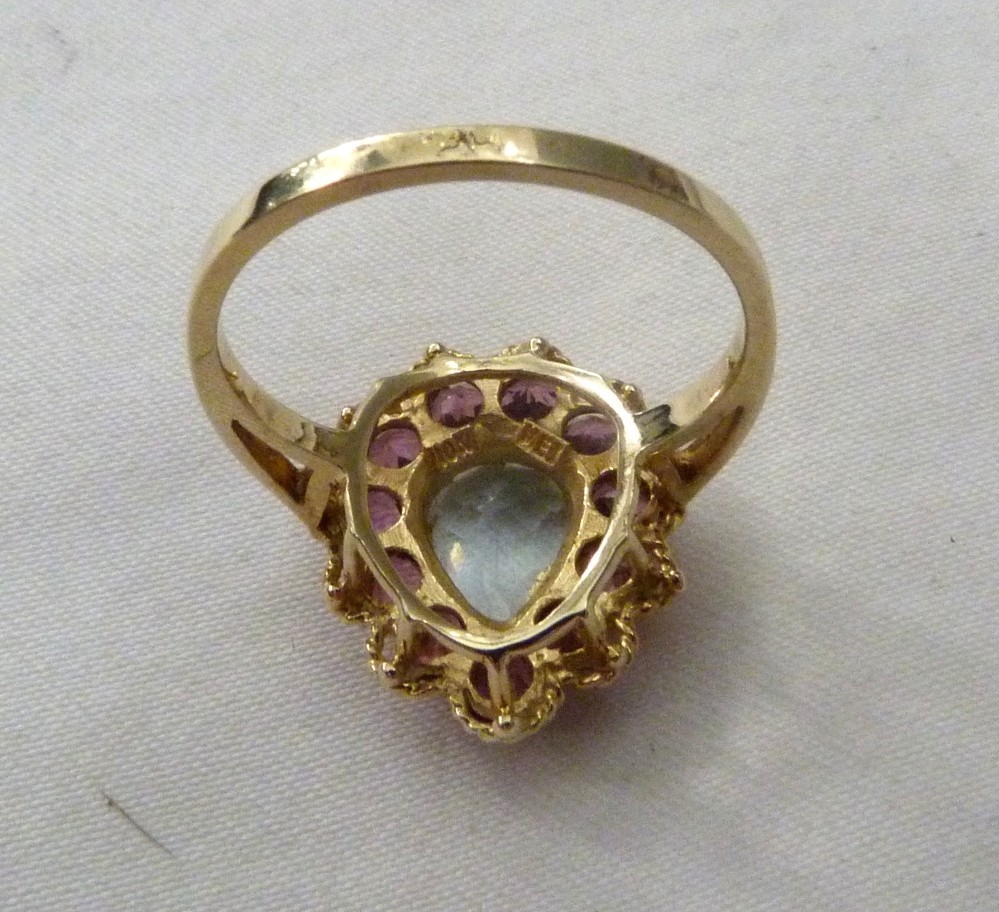 DESIGNER MEI 10K YELLOW GOLD 4.3CTTW PEAR AQUAMARINE RHODOLITE GARNET RING 7.5