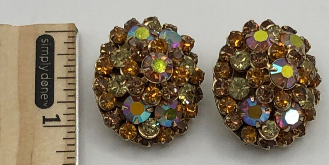 Vintage Clip Earrings Signed Pat Pend Dome Cluster Prong Set Topaz AB Rhinestone