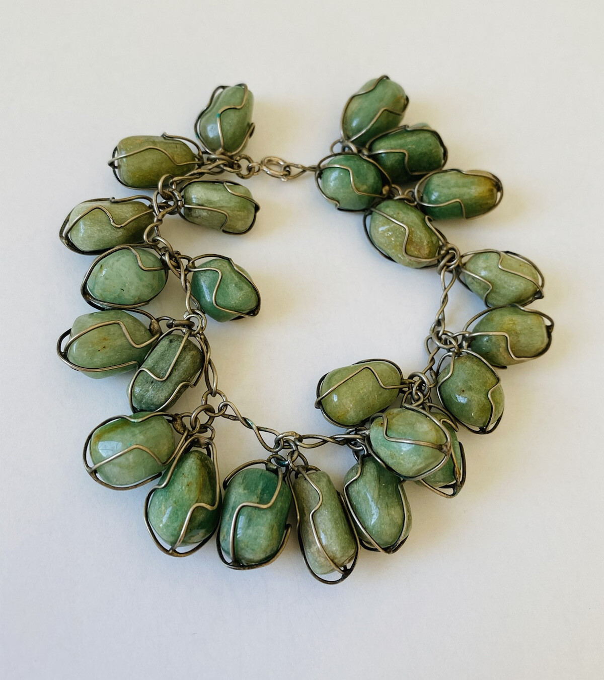 Vintage Sterling Silver Green Jade Tumbled Stone Wire Wrap Link Bracelet 7”