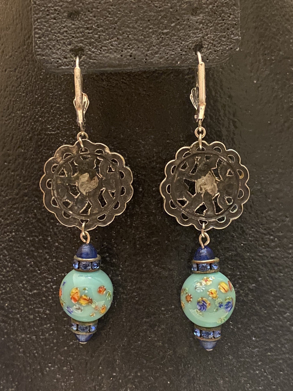 Vintage Asian Themed Colorful Ronde Bosse Enamel Art Glass Rhinestone Earrings